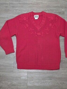Vintage 80-90's Separate Scene Red Sweater Sz M Ribbed V Neck Floral